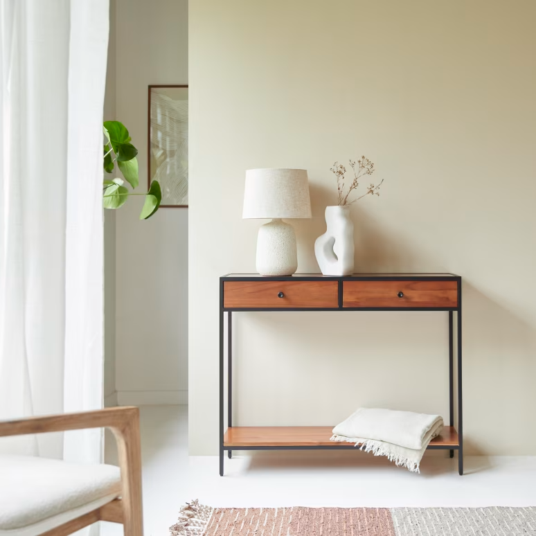 Arlo – Solid Acacia Wood Console Table (2 Drawer, Metal Frame)