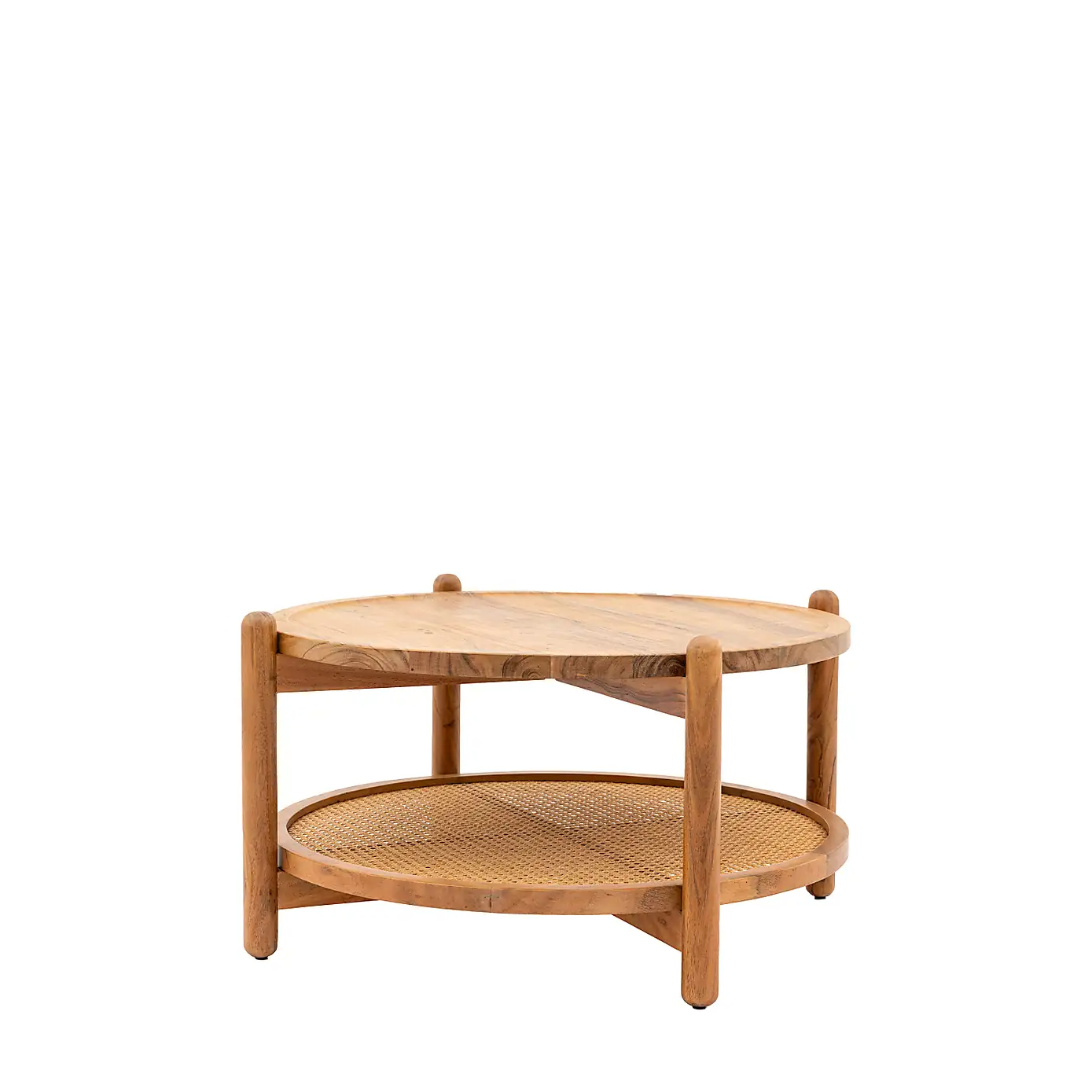 Boho – Solid Mango Wood Coffee Table (Round Shape, Rattan Shelf)