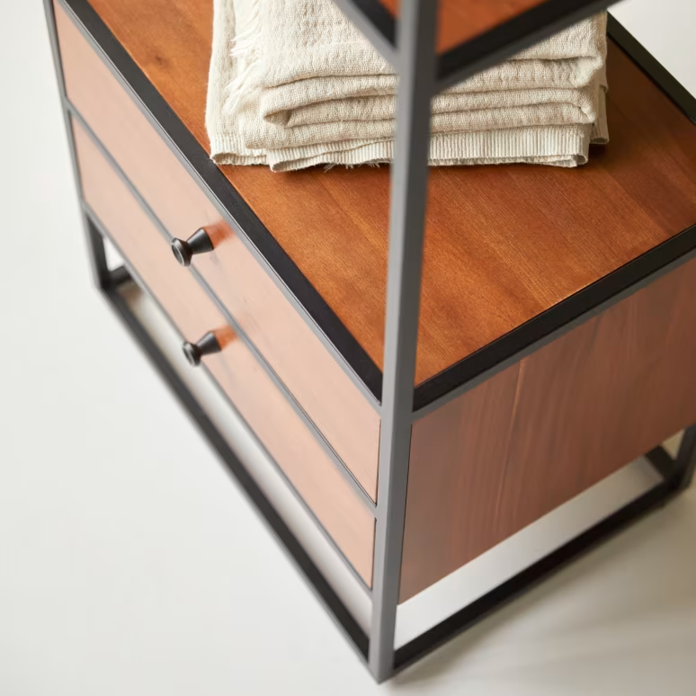 Arlo – Solid Acacia Wood Bookcase (2 Drawer, Metal Frame)