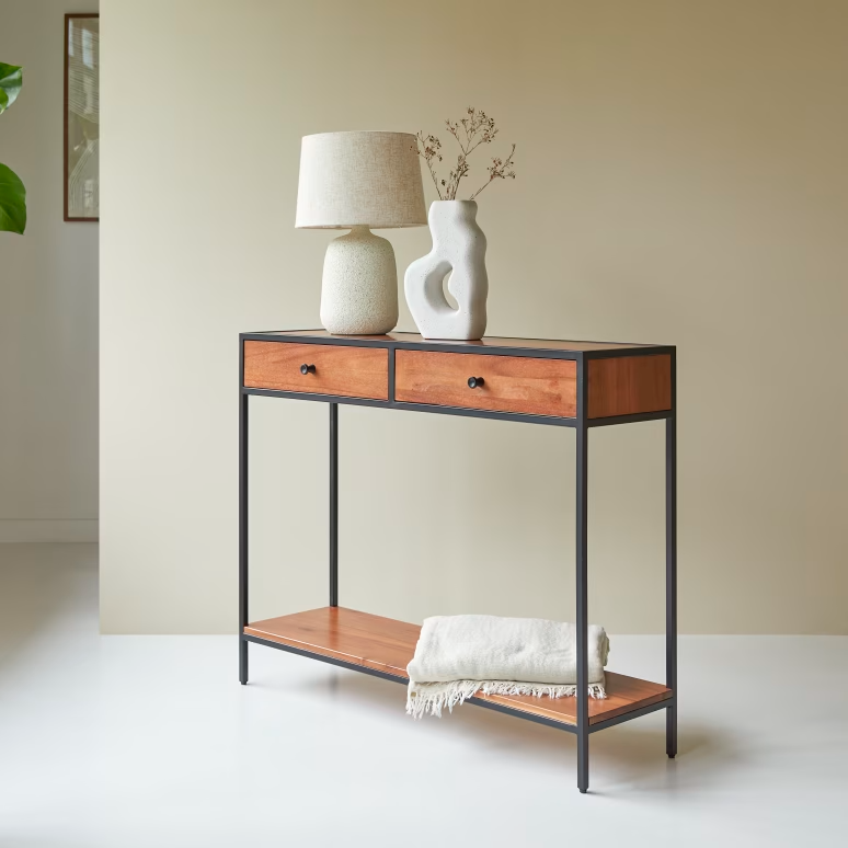 Arlo – Solid Acacia Wood Console Table (2 Drawer, Metal Frame)