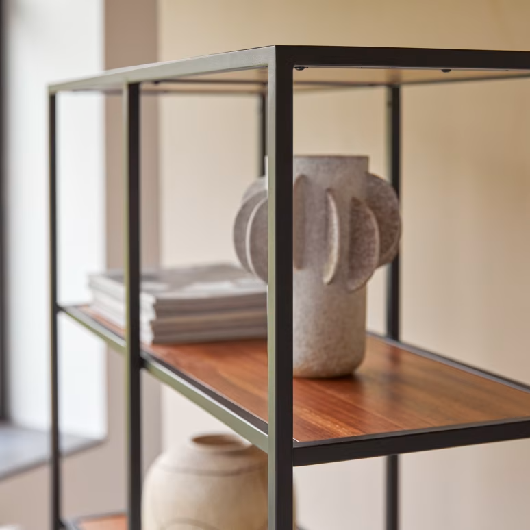 Arlo – Solid Acacia Wood Bookcase (4 Drawer, Metal Frame)