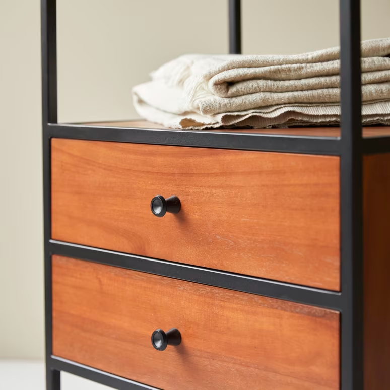 Arlo – Solid Acacia Wood Bookcase (2 Drawer, Metal Frame)