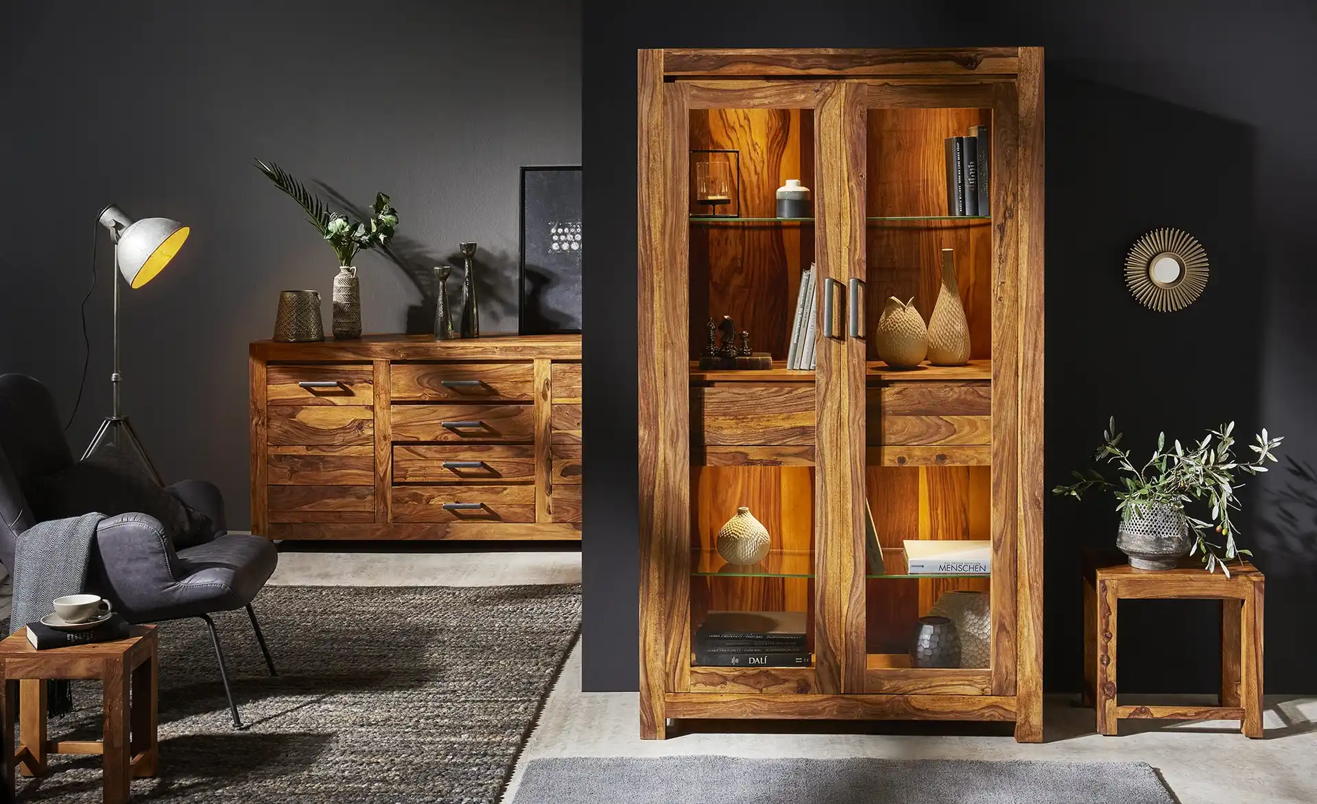 Vaache Sheesham Wood Glass Display Cabinet (190 cm, 2 Door)