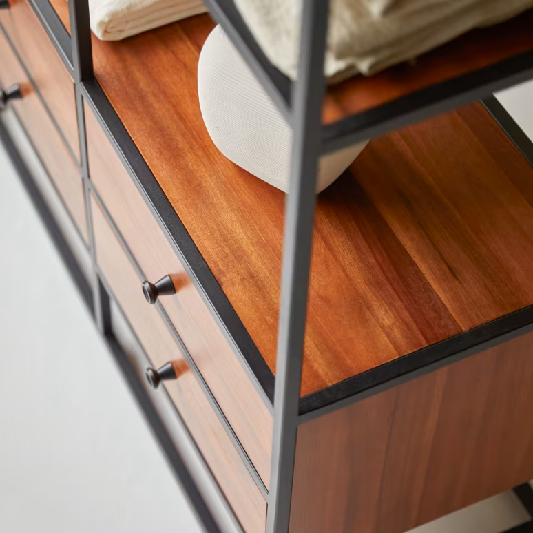 Arlo – Solid Acacia Wood Bookcase (4 Drawer, Metal Frame)