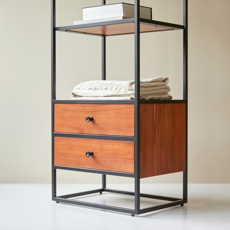 Arlo – Solid Acacia Wood Bookcase (2 Drawer, Metal Frame)