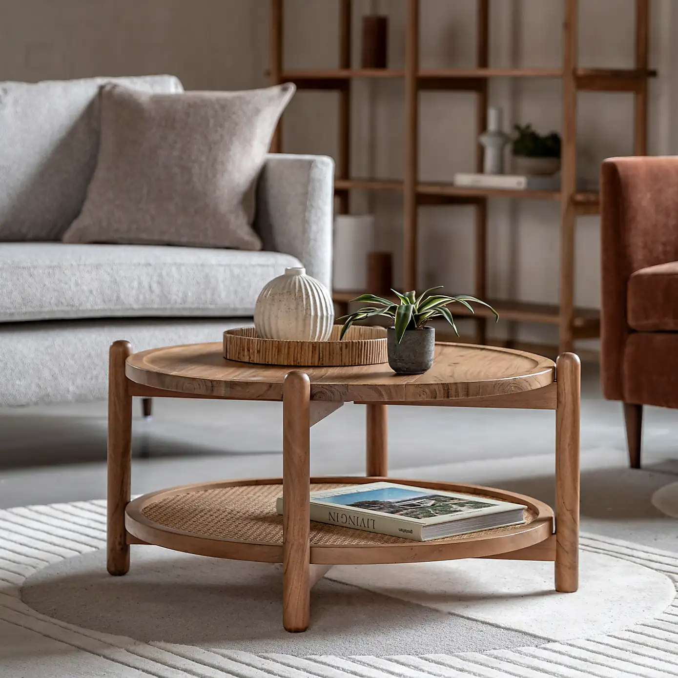 Boho – Solid Mango Wood Coffee Table (Round Shape, Rattan Shelf)