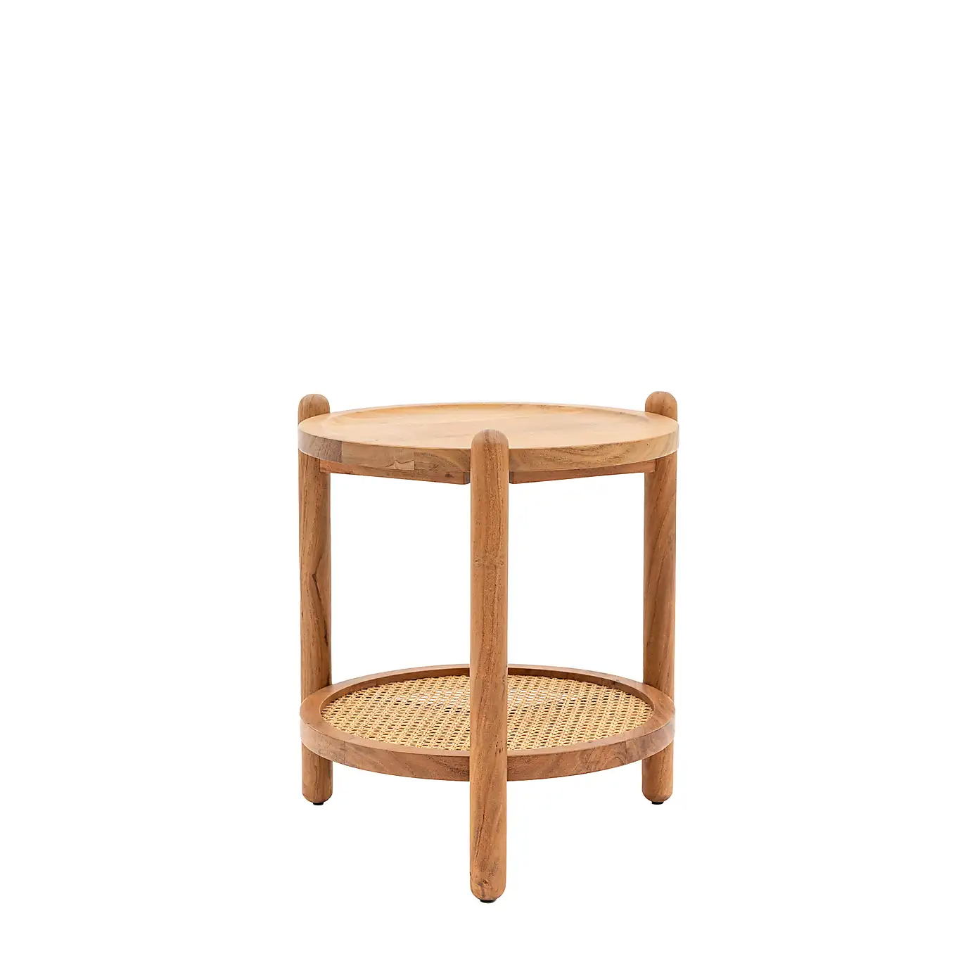 Boho – Solid Mango Wood Side Table (Round Shape, Rattan Shelf)