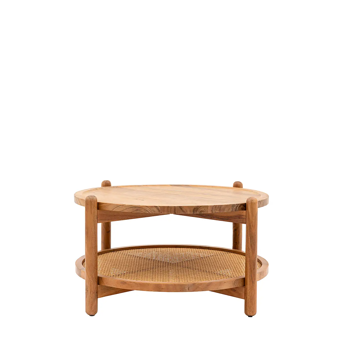 Boho – Solid Mango Wood Coffee Table (Round Shape, Rattan Shelf)