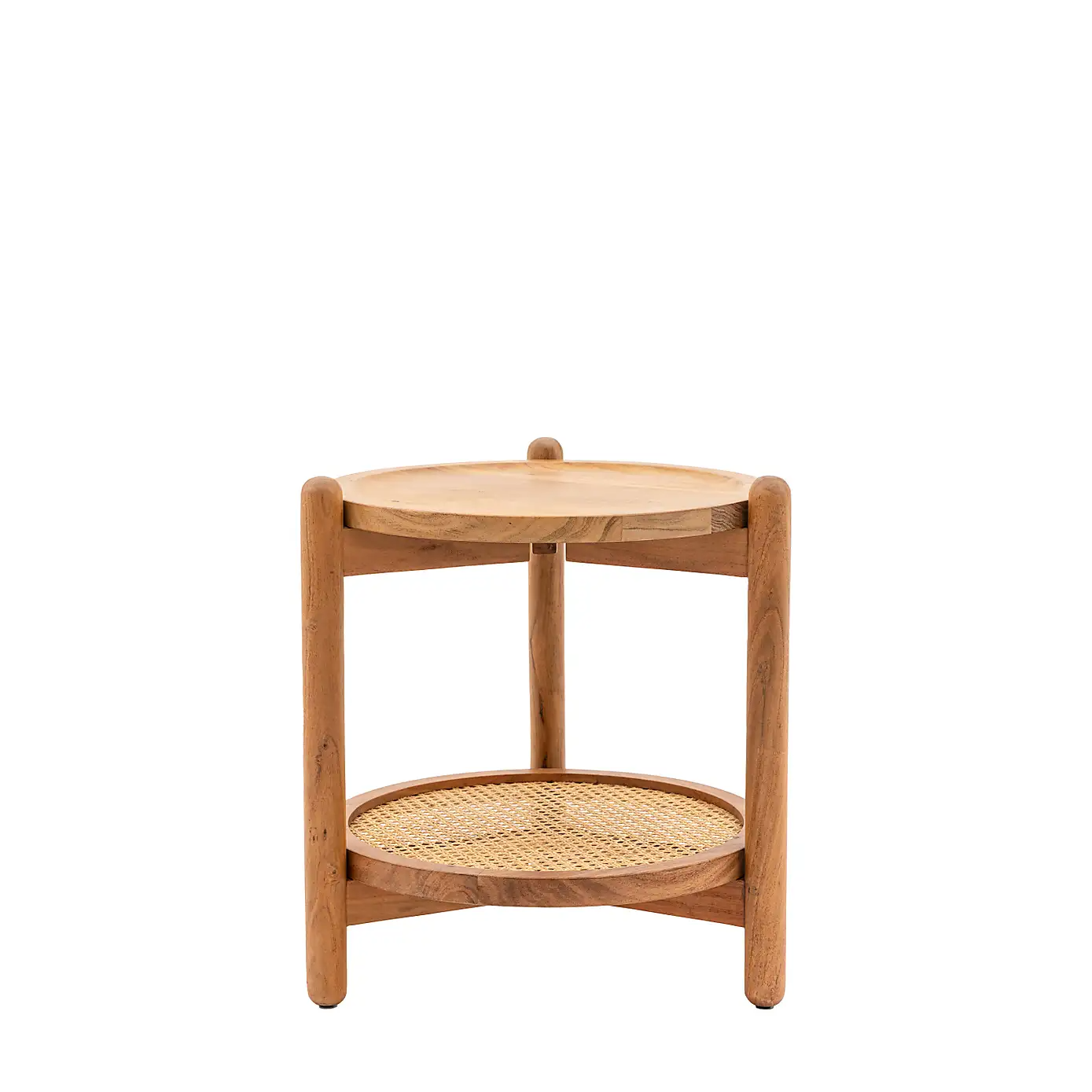 Boho – Solid Mango Wood Side Table (Round Shape, Rattan Shelf)