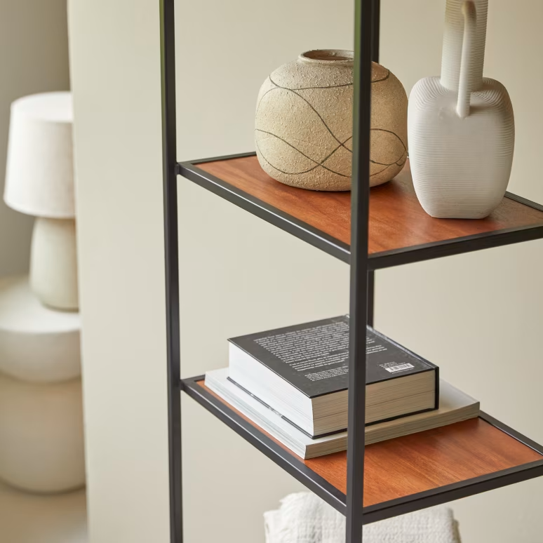 Arlo – Solid Acacia Wood Bookcase (2 Drawer, Metal Frame)