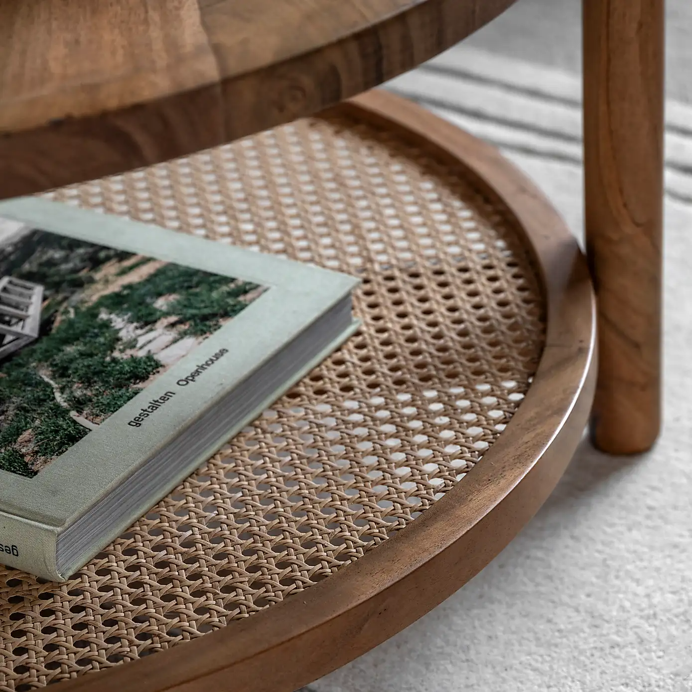 Boho – Solid Mango Wood Coffee Table (Round Shape, Rattan Shelf)
